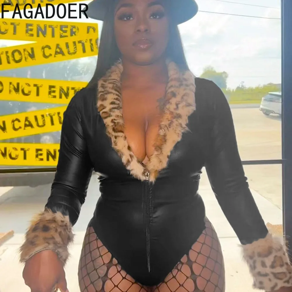FAGADOER, peleles sexis de piel de cuero con retales para mujer, monos de manga larga con cuello en V profundo y estampado de leopardo, ropa para discoteca para mujer, monos nuevos