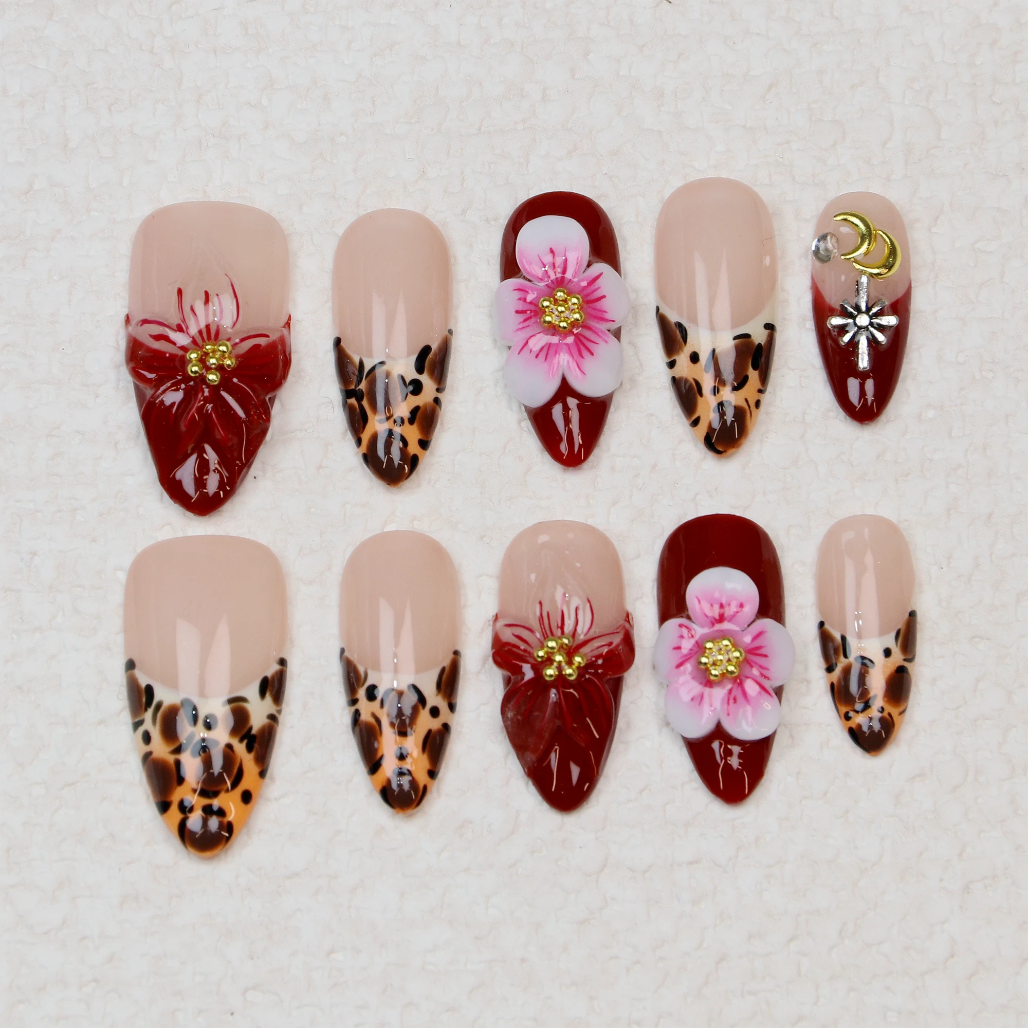 10Pcsred Custom Medium Almond Manicure  Flower Wedding Party press on nails y2k Japanese Fake Nail for Birthday Holiday gift