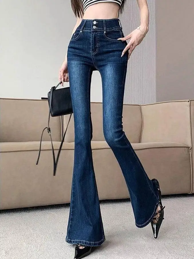 Extended Size Deep Blue Bell Bottom Jeans Women's Summer Slimming High Waist Bootcut Long Trousers Comfortable Cotton Stretch...