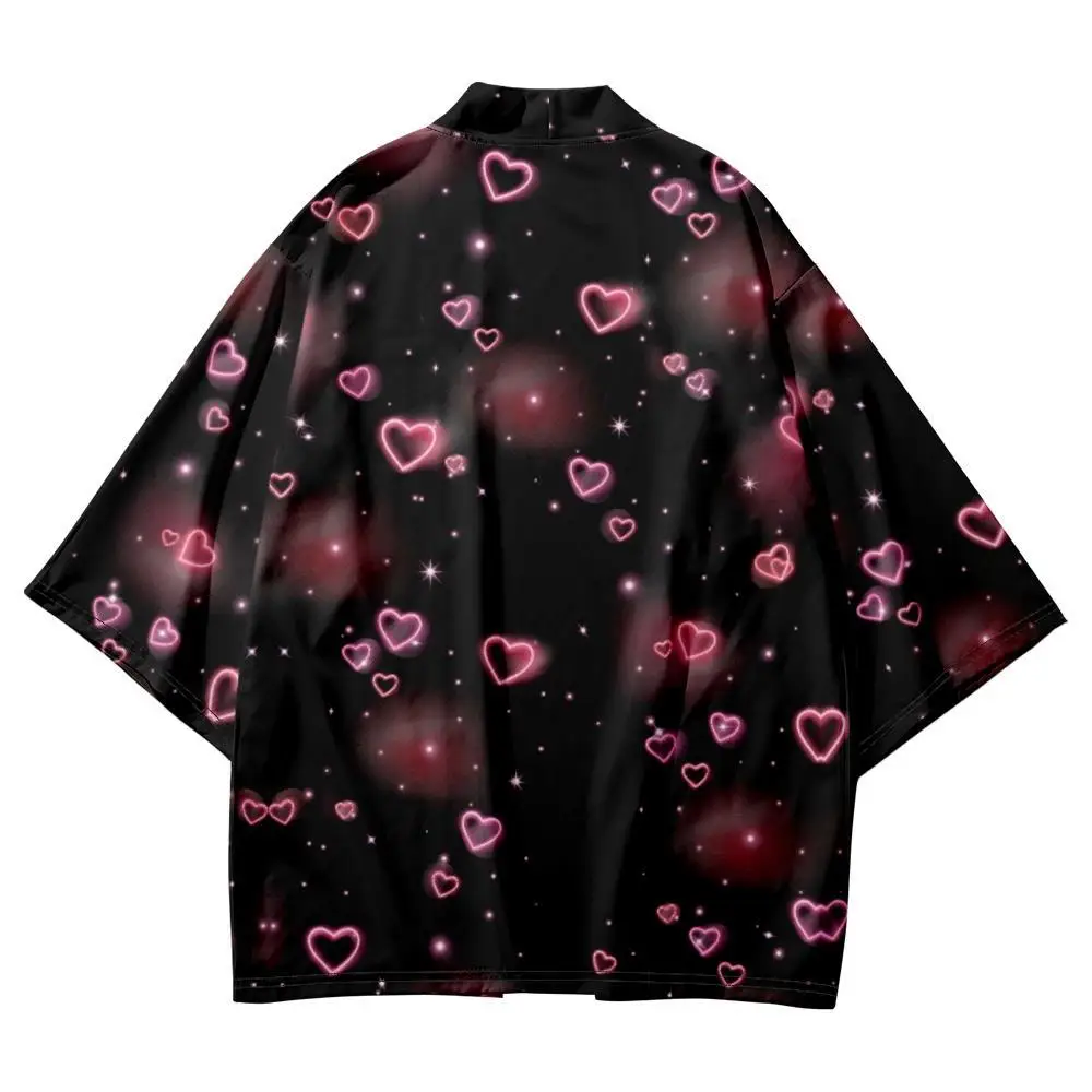 

Summer Casual Japanese Kimono Beach Shorts Cartoon Pink Love Heart Printed Black Streetwear Yukata Harajuku Cardigan