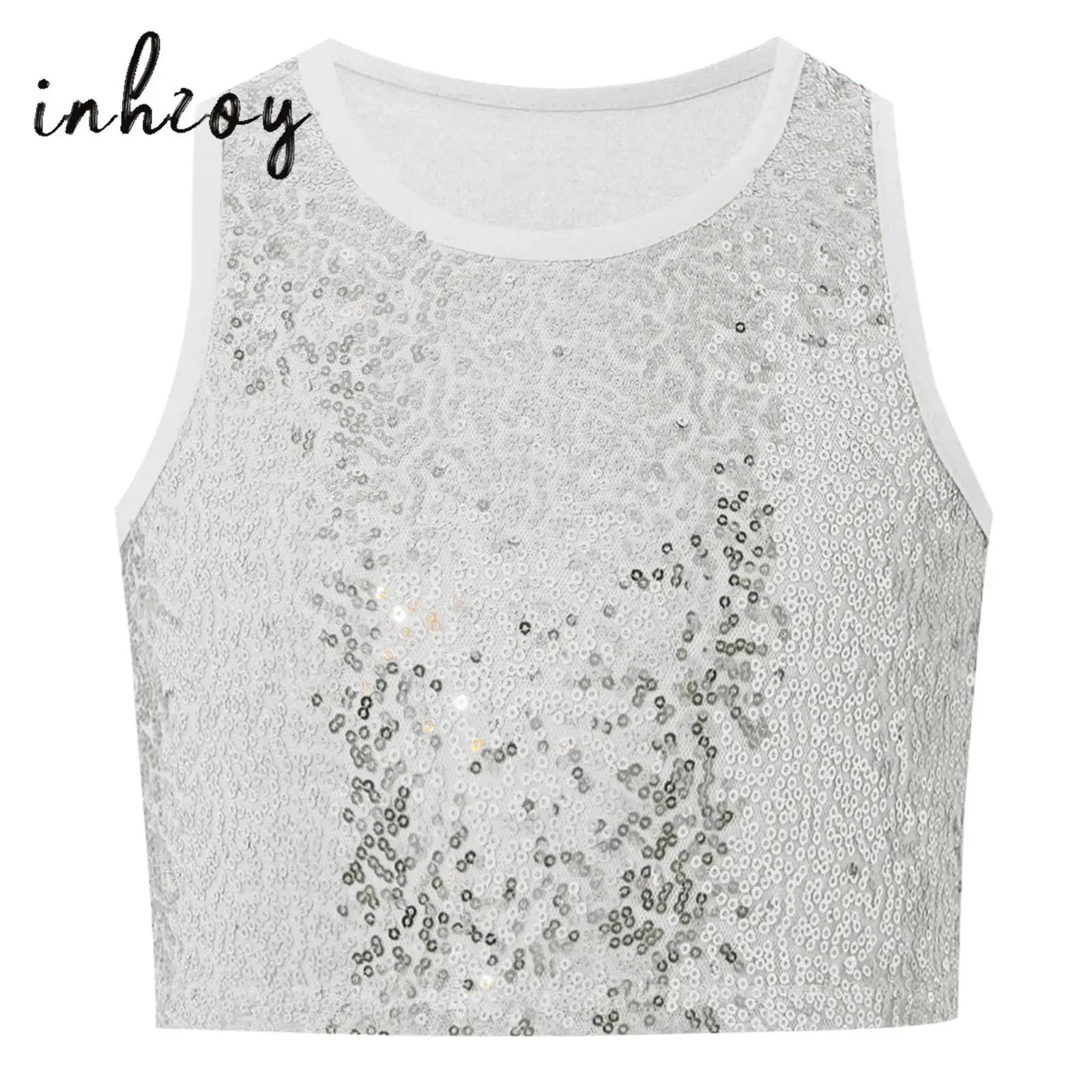 

Kids Girls Shiny Sequins Tank Top Camisole Hip hop Jazz Dance Crop Tops Round Neck Sleeveless Vest Carnival Stage Performance