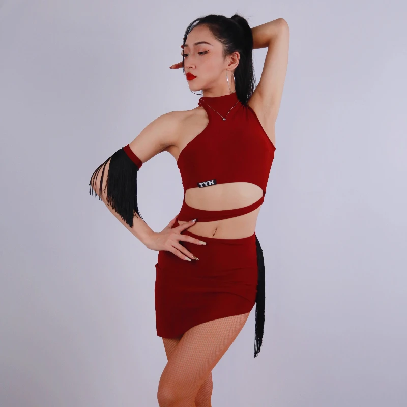 New LatinDance Performance DressWomen's Sexy Outdoor Banquet Hall PartyTassel Dress Sports Practice WearingRed Ball EveningDress