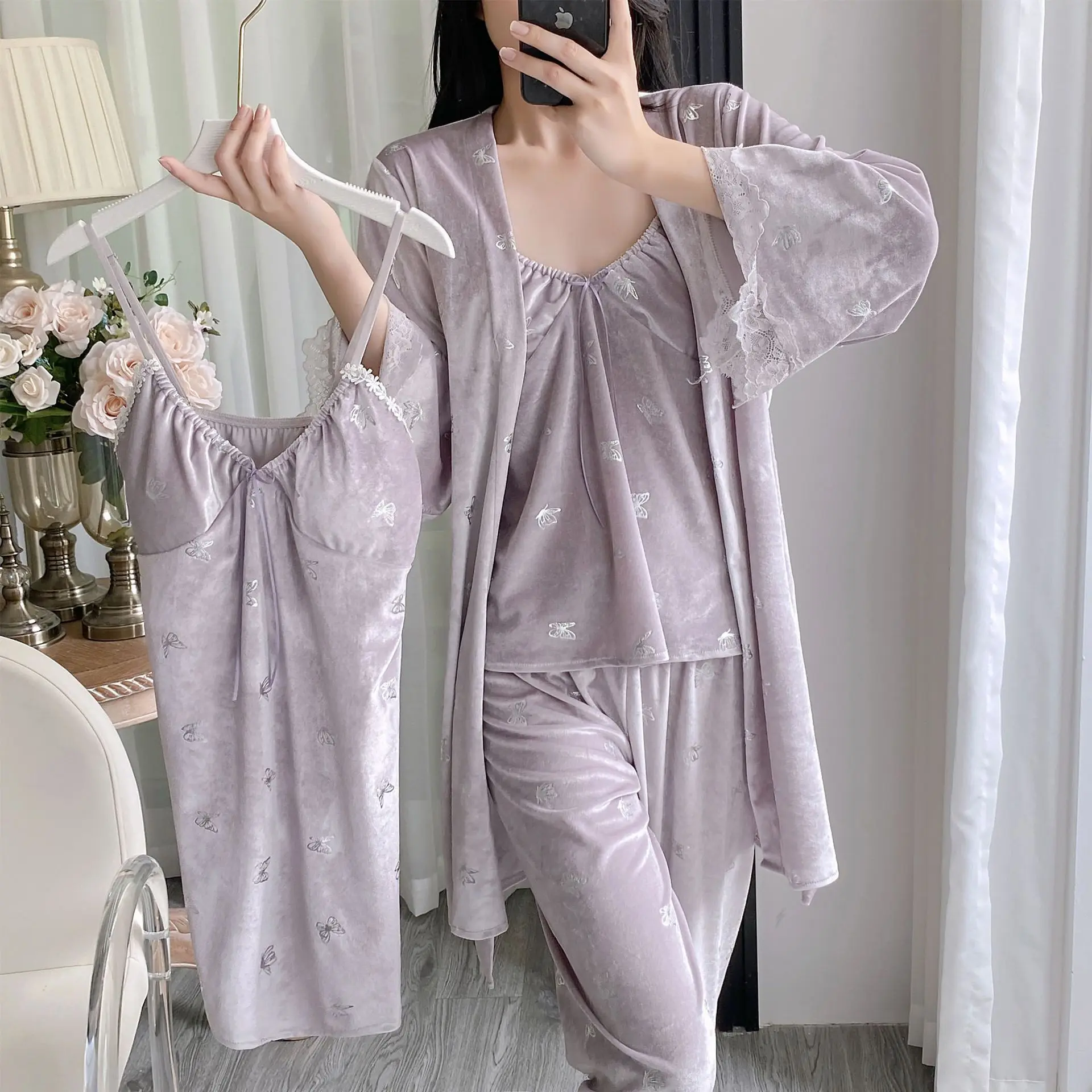 Lady Pajamas Suit Nighty&Robe Set Sexy Velvet Sleepwear Intimate Lingerie 2024 Autumn New Kimono Gown Homewear Nightgown