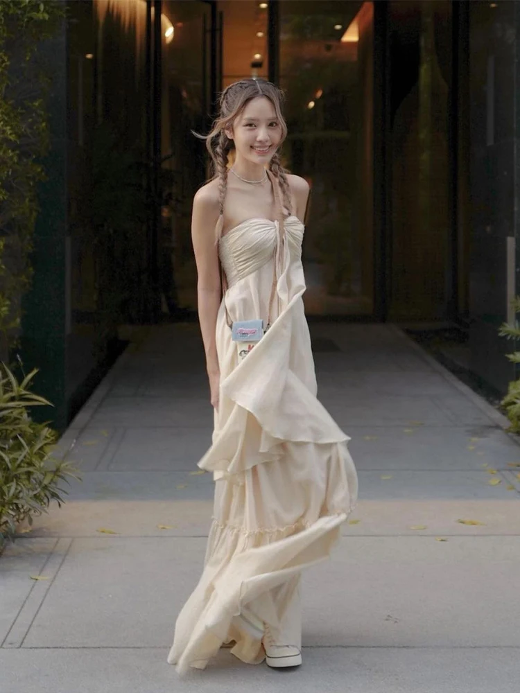 로맨틱 빈티지 비치 바캉스 스트랩 드리프팅 롱 드레스 새로운 디자인 센세이션 A라인 스커트 여름 시즌 V넥 드레스