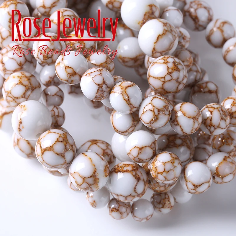 Gold Color Line White Turquoise Beads Natural Stone Round Loose Beads For Jewelry Making Fit DIY Bracelet Necklace 4/6/8/10/12mm