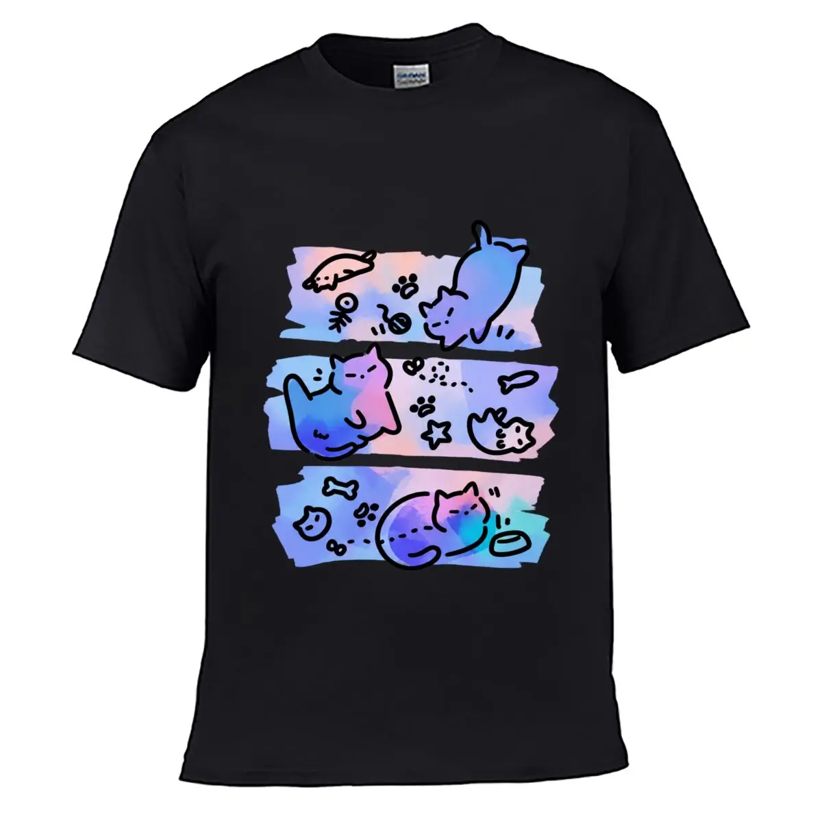 Cute Doodle Kittens Paw Prints Fish Bone Watercolor Pattern Street Distressed Washed Loose Simple Tee