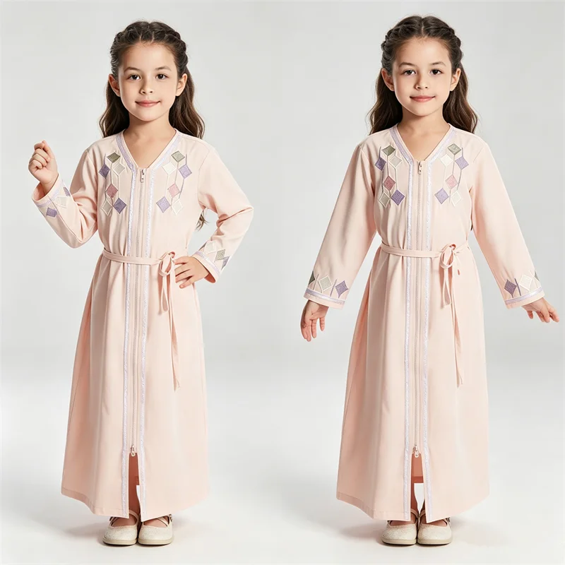 

Muslim Kids Girl Embroidery Abaya Long Maxi Dress Turkey Arab Islam Zipper Kimono Robe Prayer Dresses Dubai Kaftan Gown Jalabiya