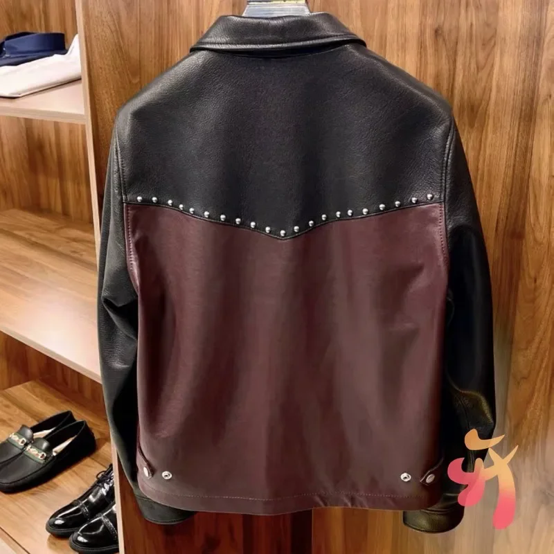 Color Blocked Oil Wax Leather ERD Jackets High Street Fashion Rivet Zipper Coats Original Dust Bag Motorcycle Men Women Cleanfit