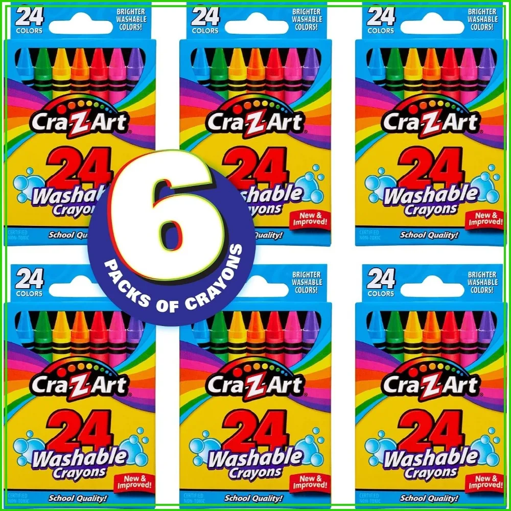Washable Crayons Bulk 24 Count 6 Packs, Classroom School Supplies for Kids