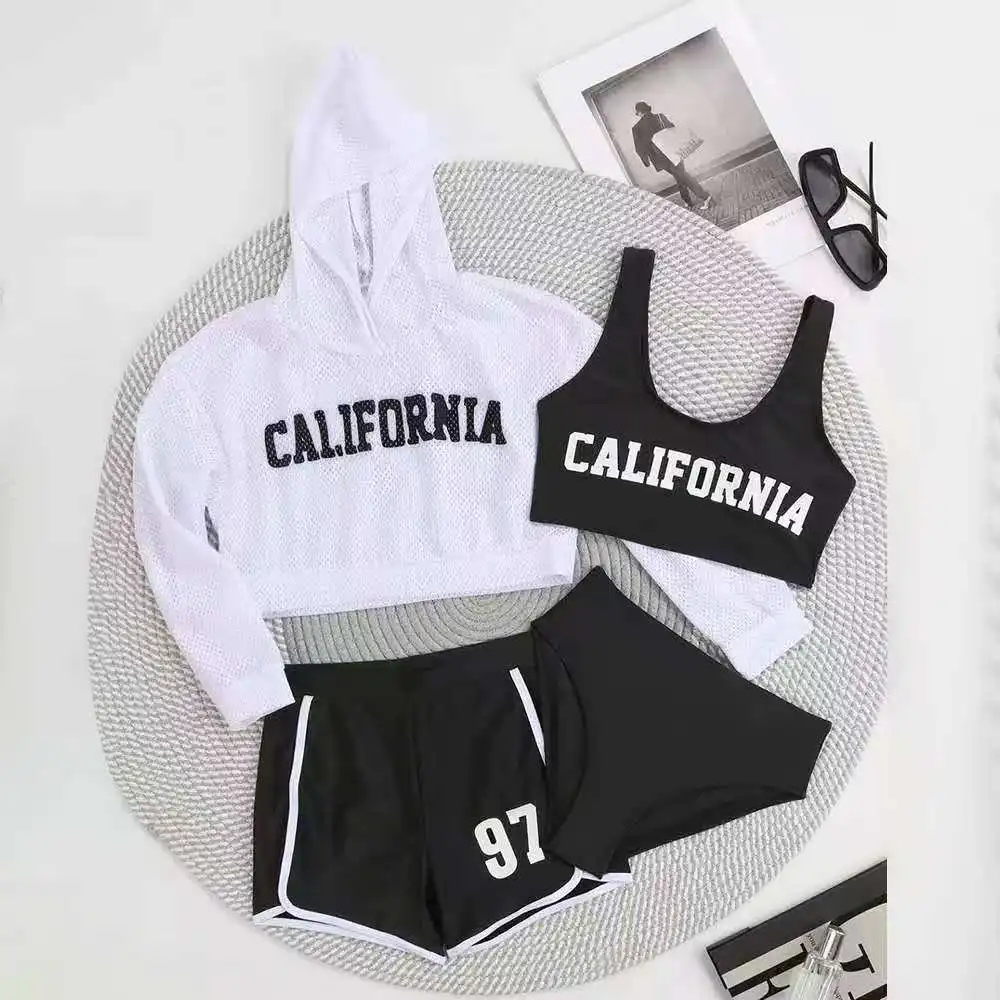 

Girls 4pack Letter Print Bikini Sets with Shorts+Long Sleeve Hooded Tops Kids Swimsuit 8-12 Years Children Swimwear Bathing Suit