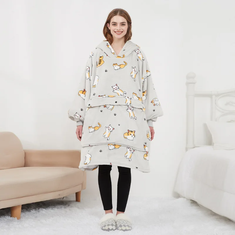 Fleece Sweatshirt Pajamas Heated Hooded Lazy Blanket Flannel Double-layer Thickened Heated Wearable Blanket