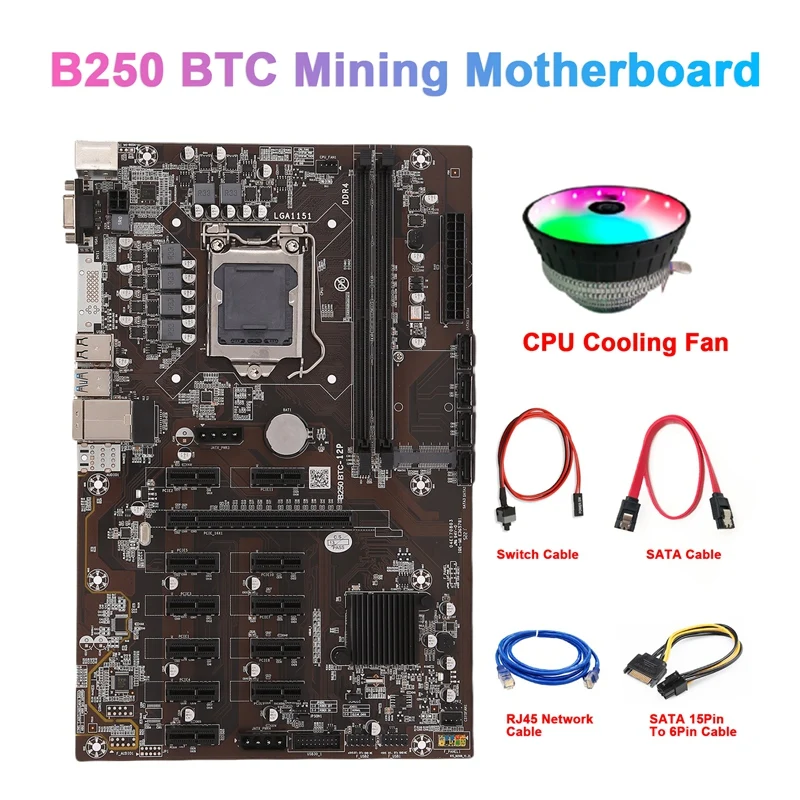 

B250 BTC Mining Motherboard 12 GPU LGA1151 With RJ45 Network Cable+Cooling Fan+SATA Cable For Graphics Card ETH Miner