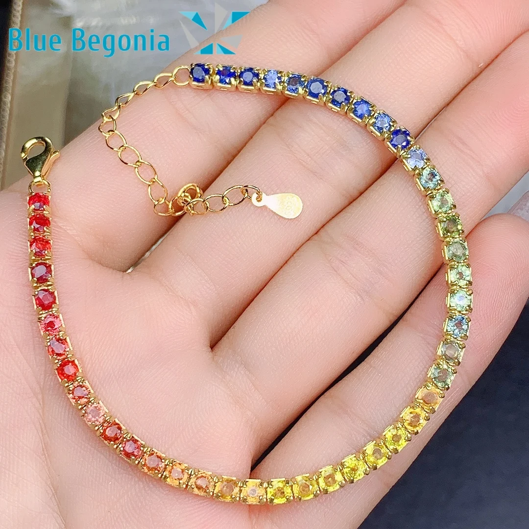 

45pcs 3*3MM Natural Sri Lanka Colourful Sapphire Bracelet 925 Sterling Silver Fine Jewelry for Women Anniversary Party Girl Gift