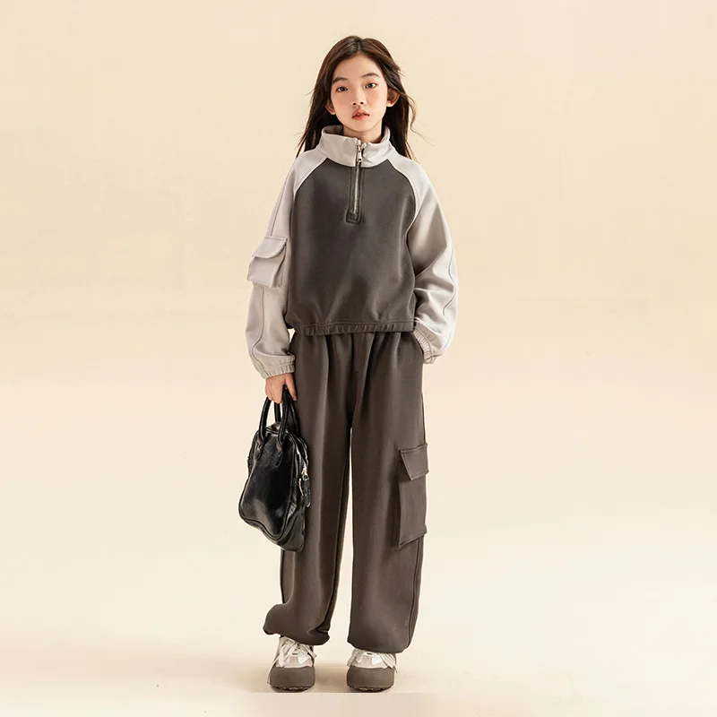 

Girls Winter Clothes Fleece Thick Warm Sweatshirt Cargo Pants Two Pieces Children Tracksuit Casual Sport School Kids Outfits Set