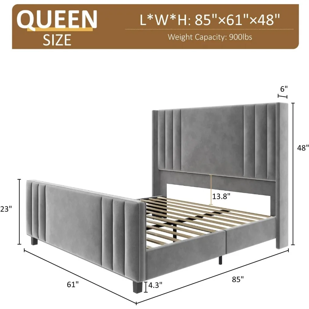 Queen Size Platform Bed Frame, Upholstered Bed with Vertical Channel Tufted Wingback Headboard & Footboard, Premium Velvet