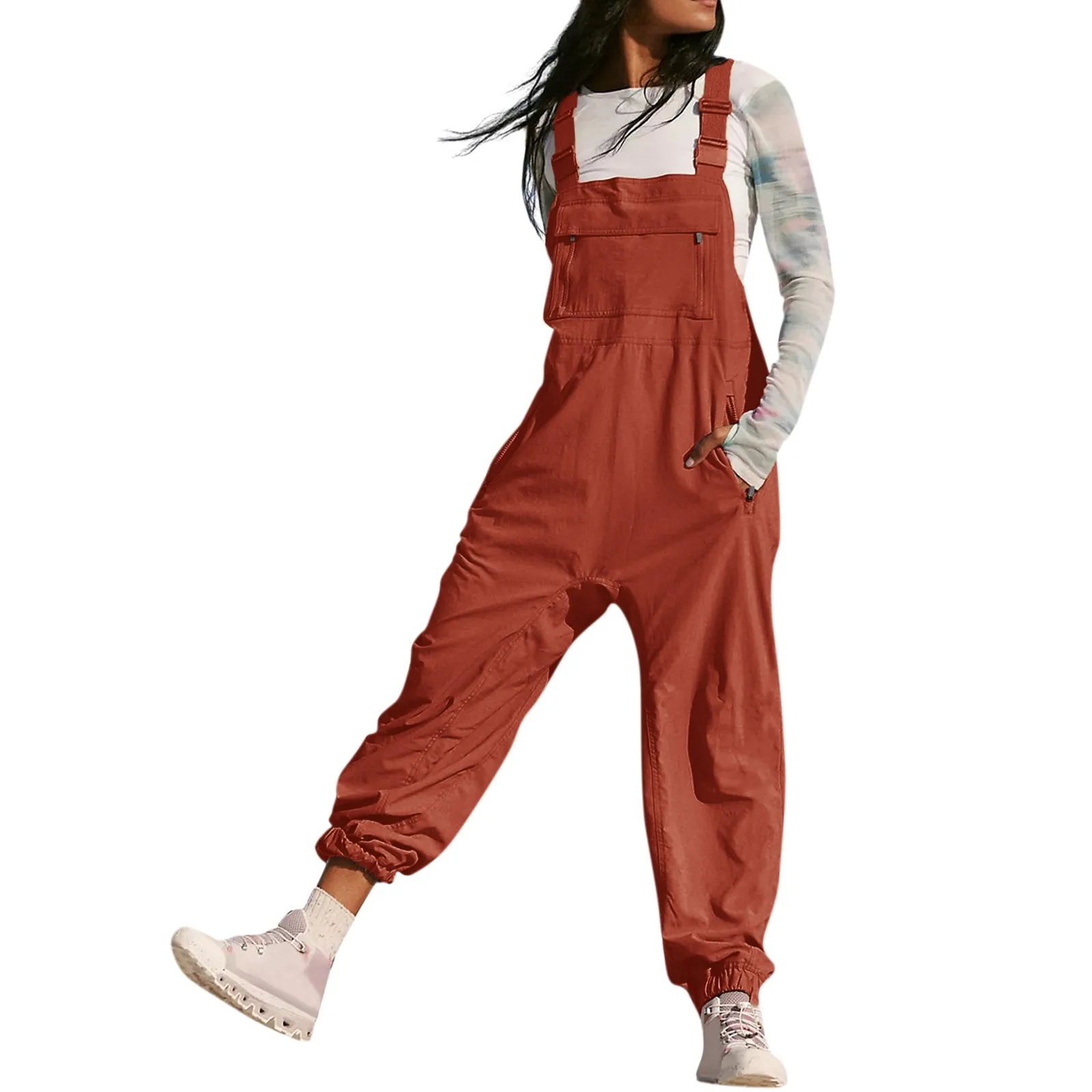 Classic Solid Color Women\'s Sleeveless Overalls Jumpsuit Casual Loose Adjustable Straps Bib Long Pant Jumpsuits With Pockets