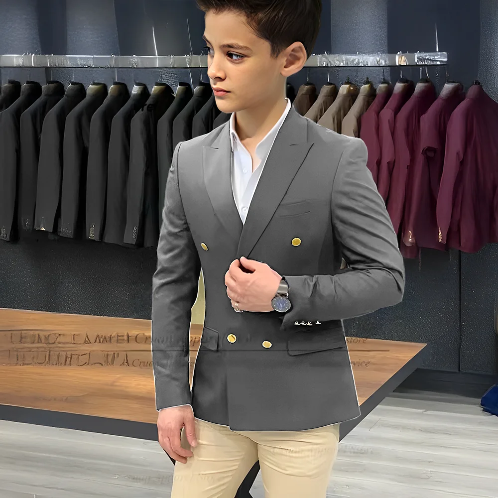 Blazer de boda de 2 piezas para niños, chaqueta de traje de caballero con botones dorados, traje informal ajustado con doble botonadura para niños de negocios, color azul marino