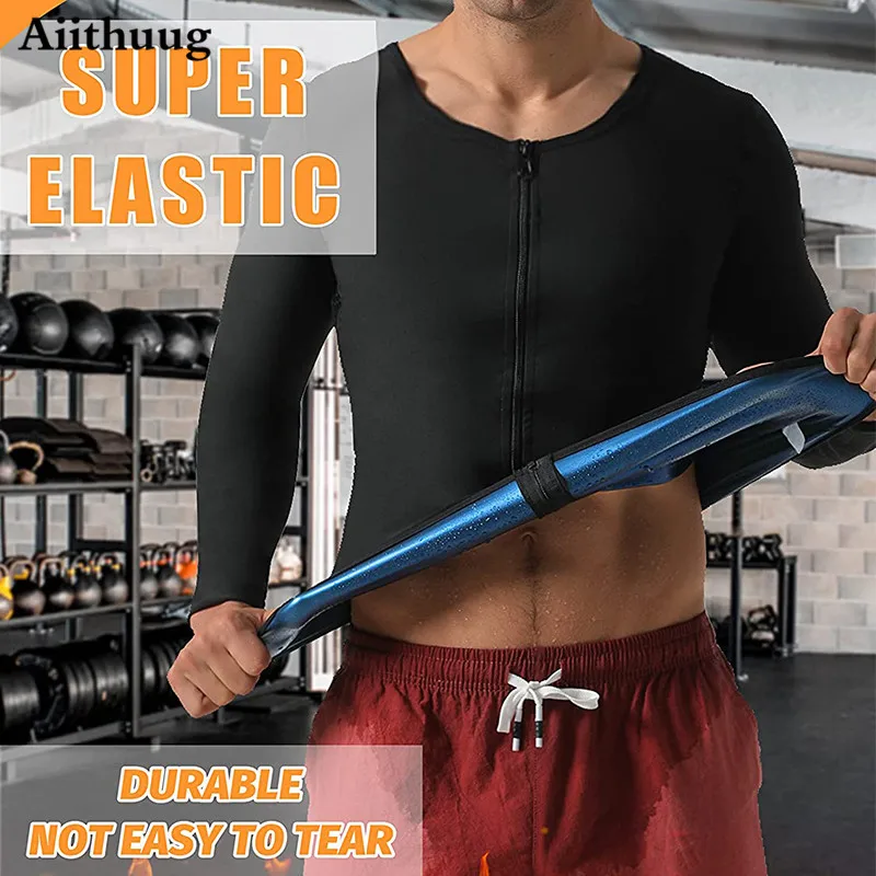 Aiithuug Sauna Suit for Men Sweat Sauna Jacket Long Sleeve Workout Zipper Sweat Top Gym Fitness Sauna Shirt Workout Body Shaper