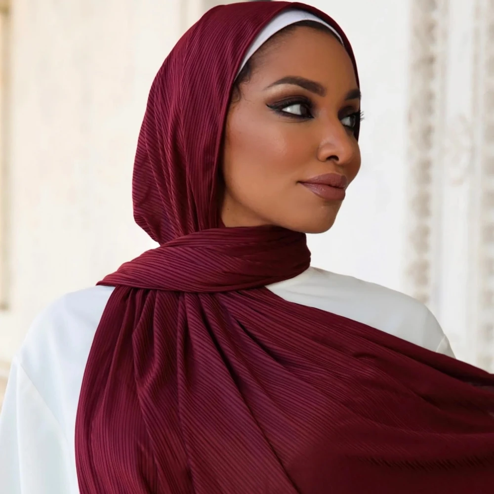 Fashion New Elastic Ribbed Jersey Hijabs Solid Color Stripes Lightweight Thin Headscarf Muslim Women Soft Scarf Headwrap Turban