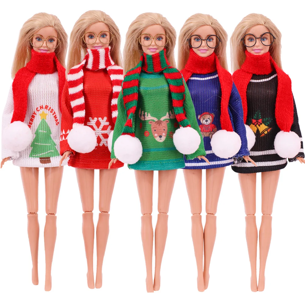 Barbies Clothes Christmas Elf Doll Knitted Top + Scarf Santa Claus Accessories Glasses For 11.8'',BJD Doll Girl's Birthday Gift