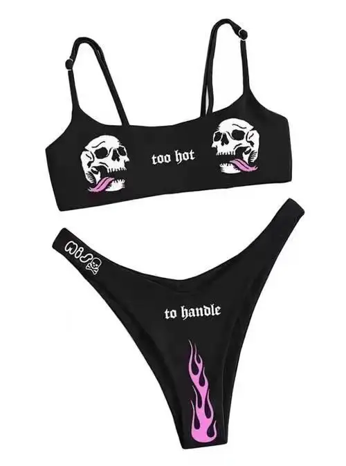 Punk Skull Flame Print Bikini Set Sexy Gothic Letter Graphic 2 Piece Swimsuit Low Waist Women Summer Beach Swimwear