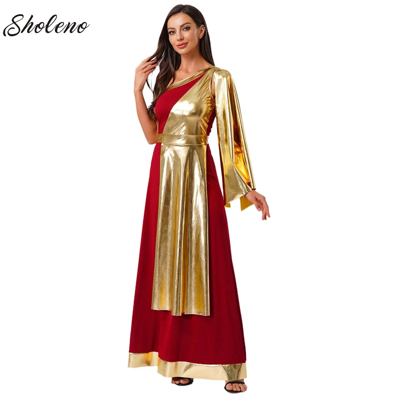 

Womens Ancient Greek Toga Goddesses Costumes Sleeveless Metallic Halloween Theme Party Toga Greece Roman Queen Cosplay Dress