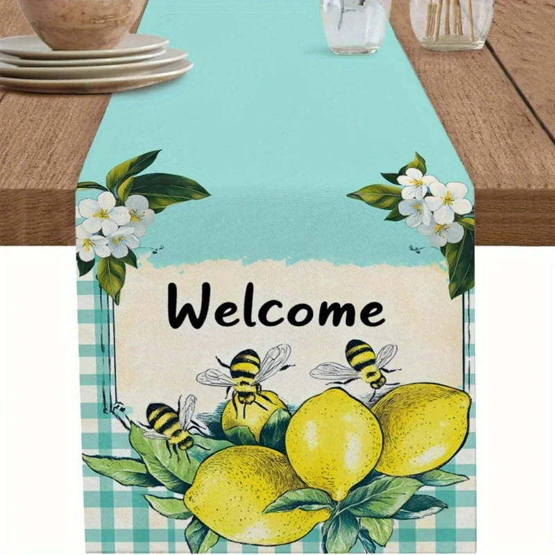 

1Pc Watercolor Lemon Bee Watercolor Green Buffalo Plaid Non-Slip Farm Tablecloth,For Restaurant,Home,Picnic,B&B,Harvest Party Scen.