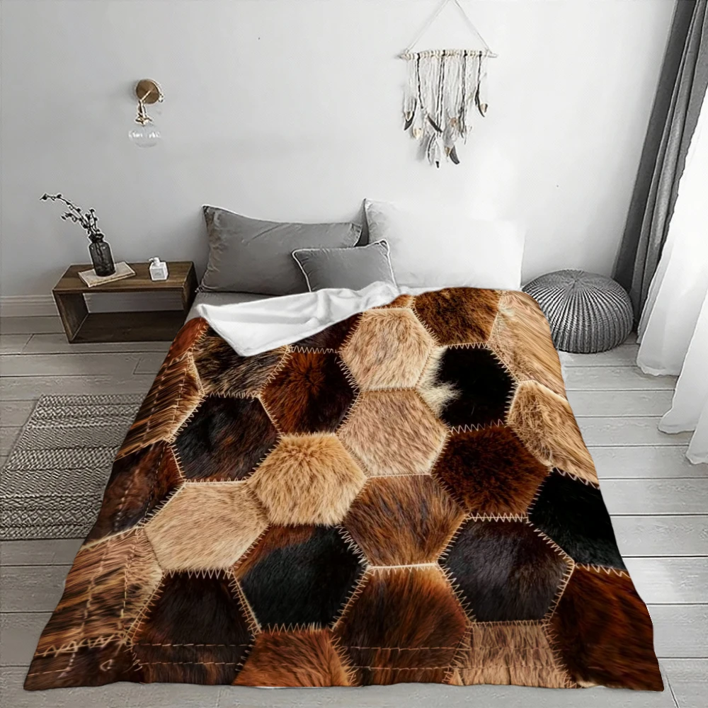 Hexagonal Faux Fur Patchwork, Home Decor Enthusiasts, Blanket, Brown And Black Geometric Design, Living Room Or Bed, Soft Cozy M