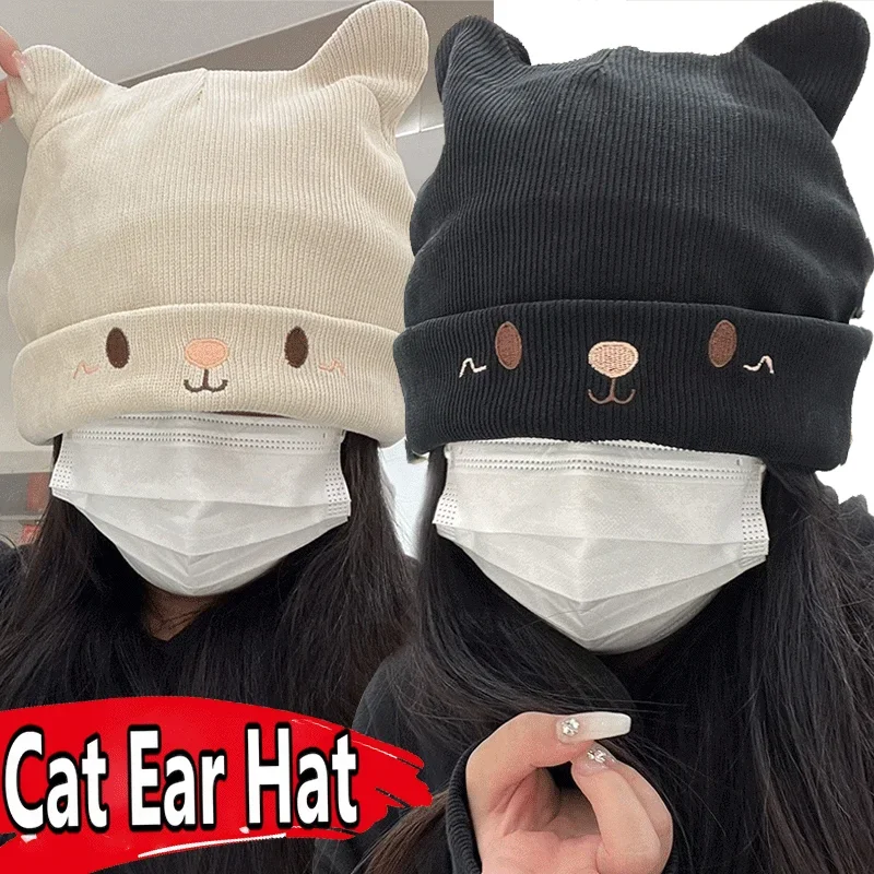 Solid Color Autumn Winter Wool Knit Hat Women Girls Warmer Ear Protection Beanie Hats Cartoon Cute Cat Ears Knitted Cap Bonnet