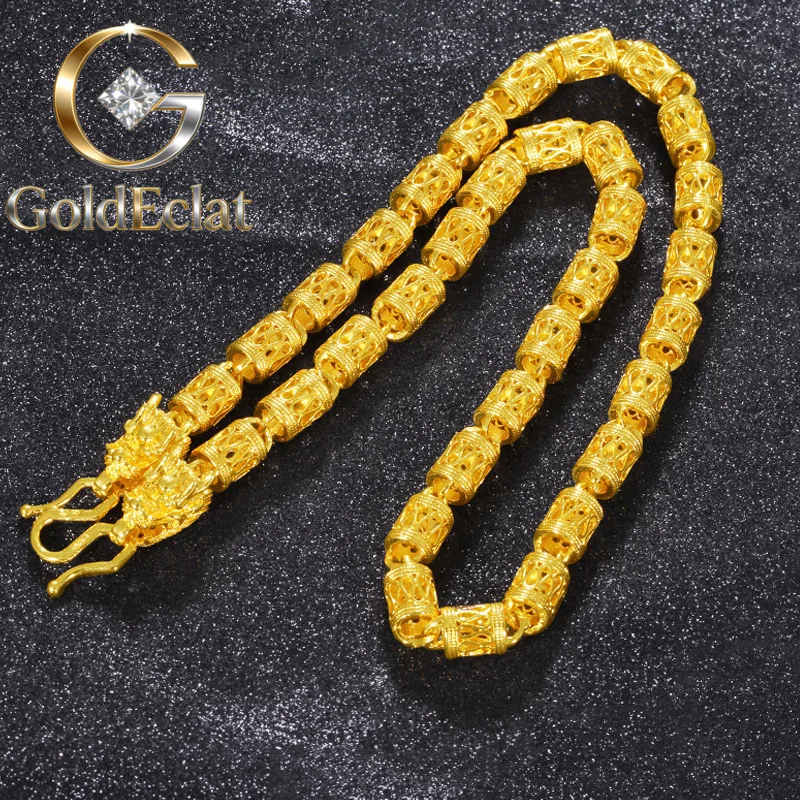 

Мужское ожерелье GoldEclat из настоящего золота 9999 пробы (24K) с двойной головой дракона и бусинами-подвесками, массивное, для мужчин