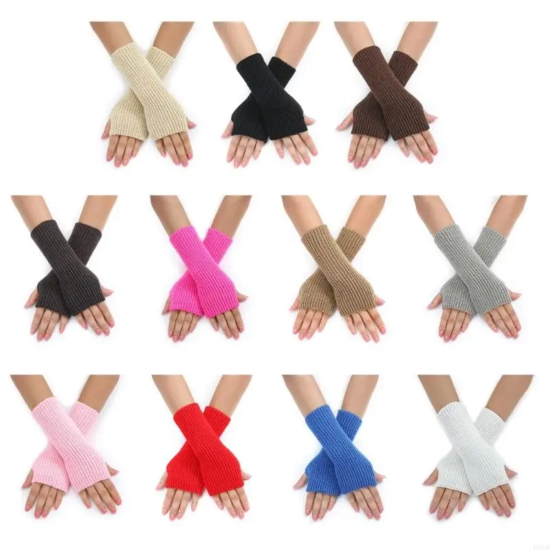 D0UD Keep Warm Lengthen Gloves Half Finger Knit Solid Color Mitten for Adult Teens