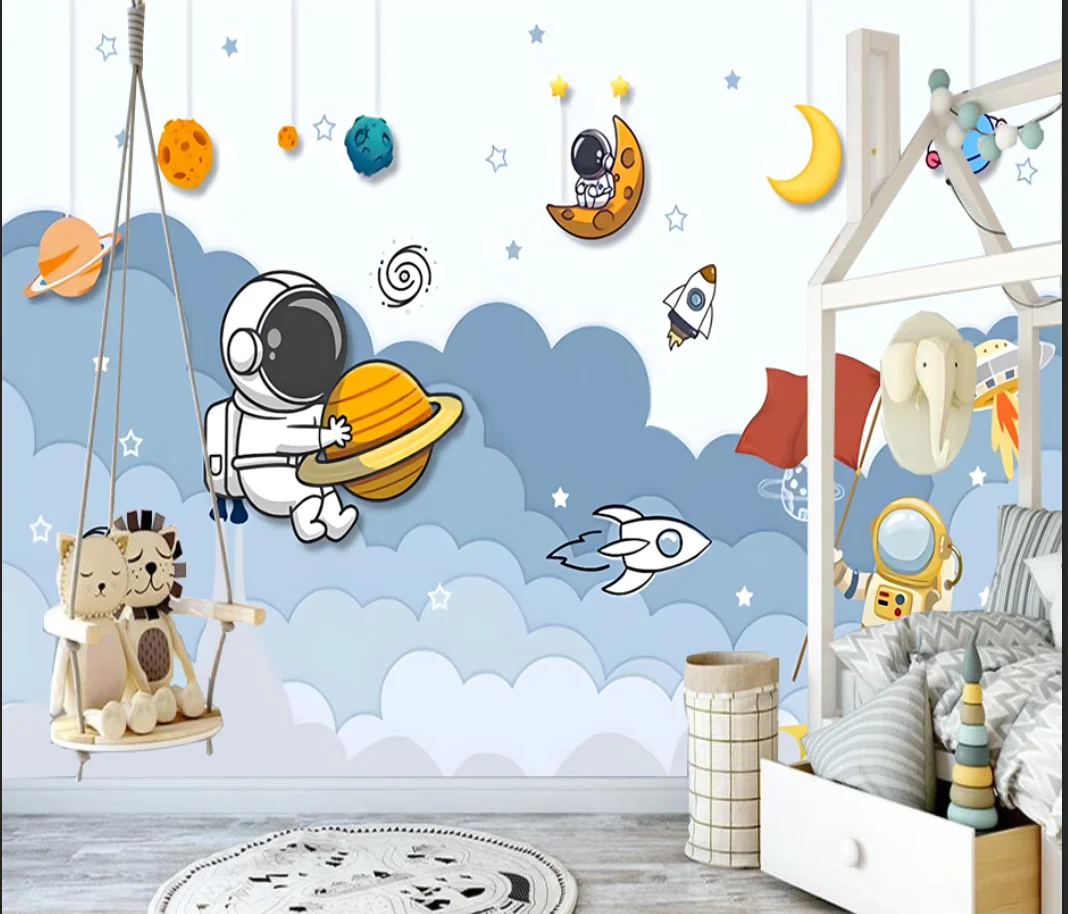 Custom Cartoon Rocket wallpaper Nordic hand-painted cute animals space planet children's room background wall wallpaper