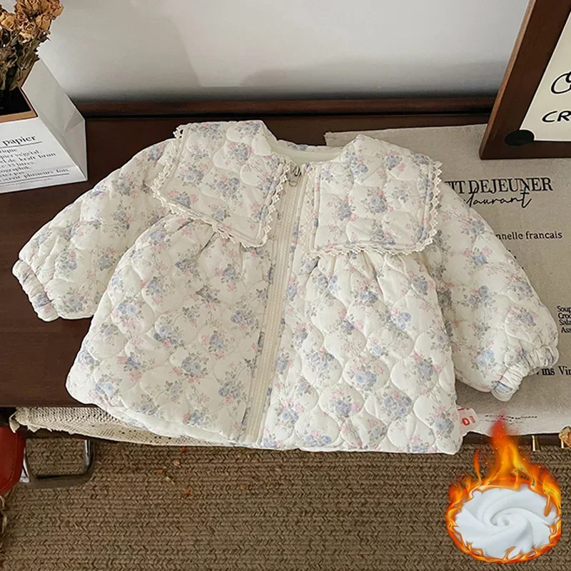 

Girls Floral Print Jackets Kids Big Sailor Collar Cotton Coat Children Winter Plush Velvet Baby Children Warm Padded Outwear