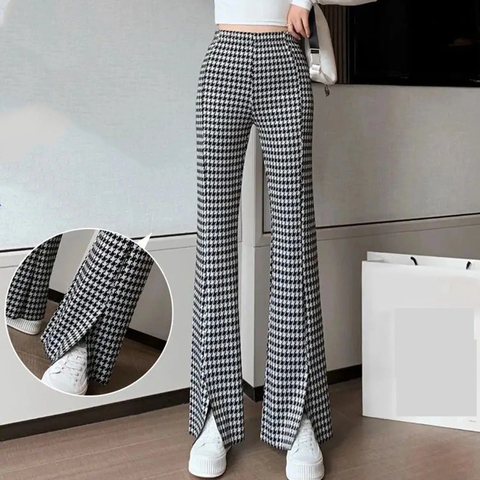 

Women Black And White Lattice Flared Trousers Spring/Summer Lady Wide Leg Pants 2024 Beach Travel Vacation Outfits Trousers