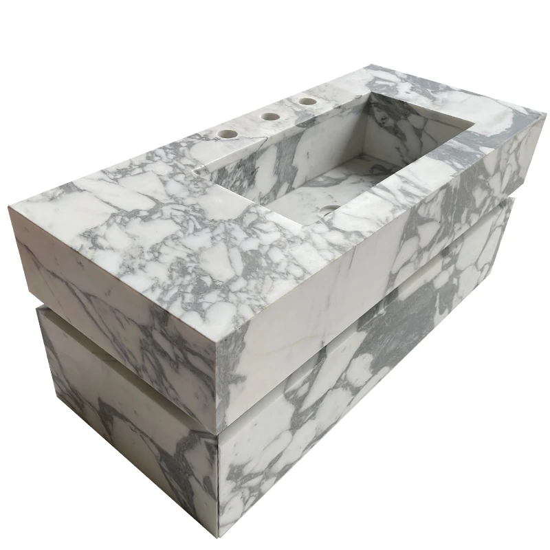 Luxury Home Glossy Bathroom Sink Container Marble Rectangular  Natural Vanity Basin With Drawers For Washing