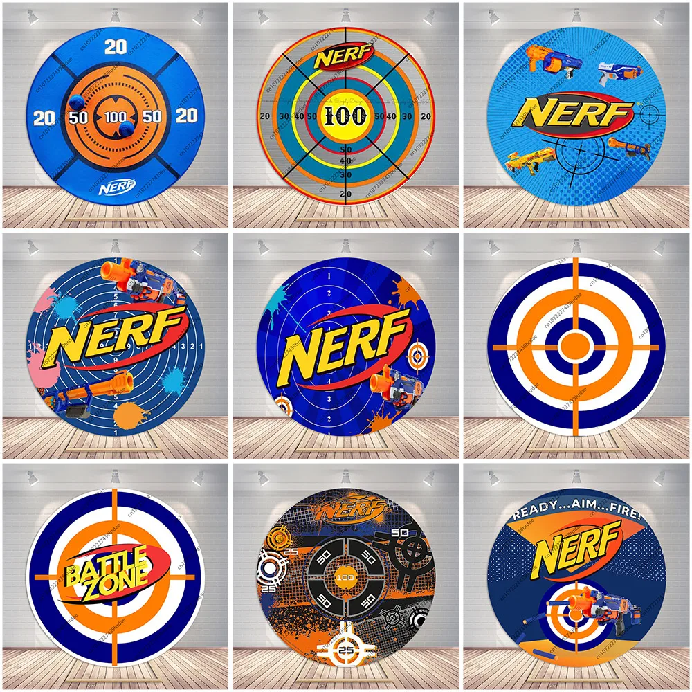 Nerf jogo de tiro pano de fundo redondo menino festa de aniversário fundo cerimônia de guerra decorações brinquedo azul bullsey arma guerra foto banner