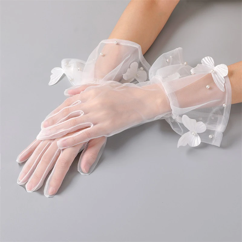 

White Mesh Breathable Fairy Pearl Gloves For Women Wedding Dress Accessories Studio Photo Gloves Birthday Photography Props