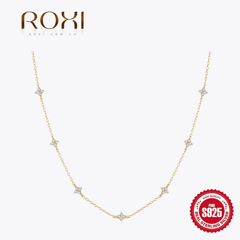 

ROXI 4 Star Flower Shiny Crystal Drop Necklace choker For Women Luxury 925 Sterling Silver Clavicle Chain wedding Jewelry Gift