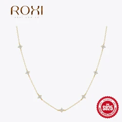 ROXI 4 Star Flower Shiny Crystal Drop Necklace choker For Women Luxury 925 Sterling Silver Clavicle Chain wedding Jewelry Gift