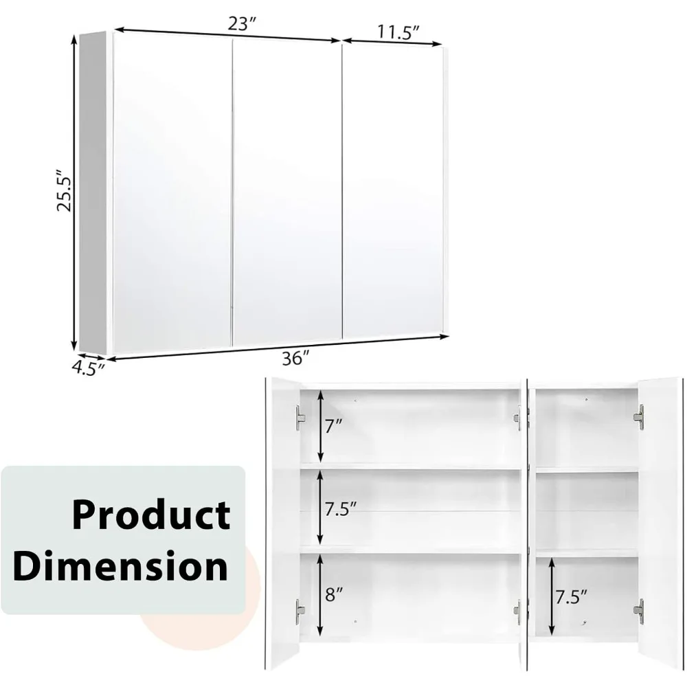 Plus riche kula-Armoire à médicaments en miroir, grande armoire de rangement murale large avec 3 portes miroir et étagère réglable, 36x4.5