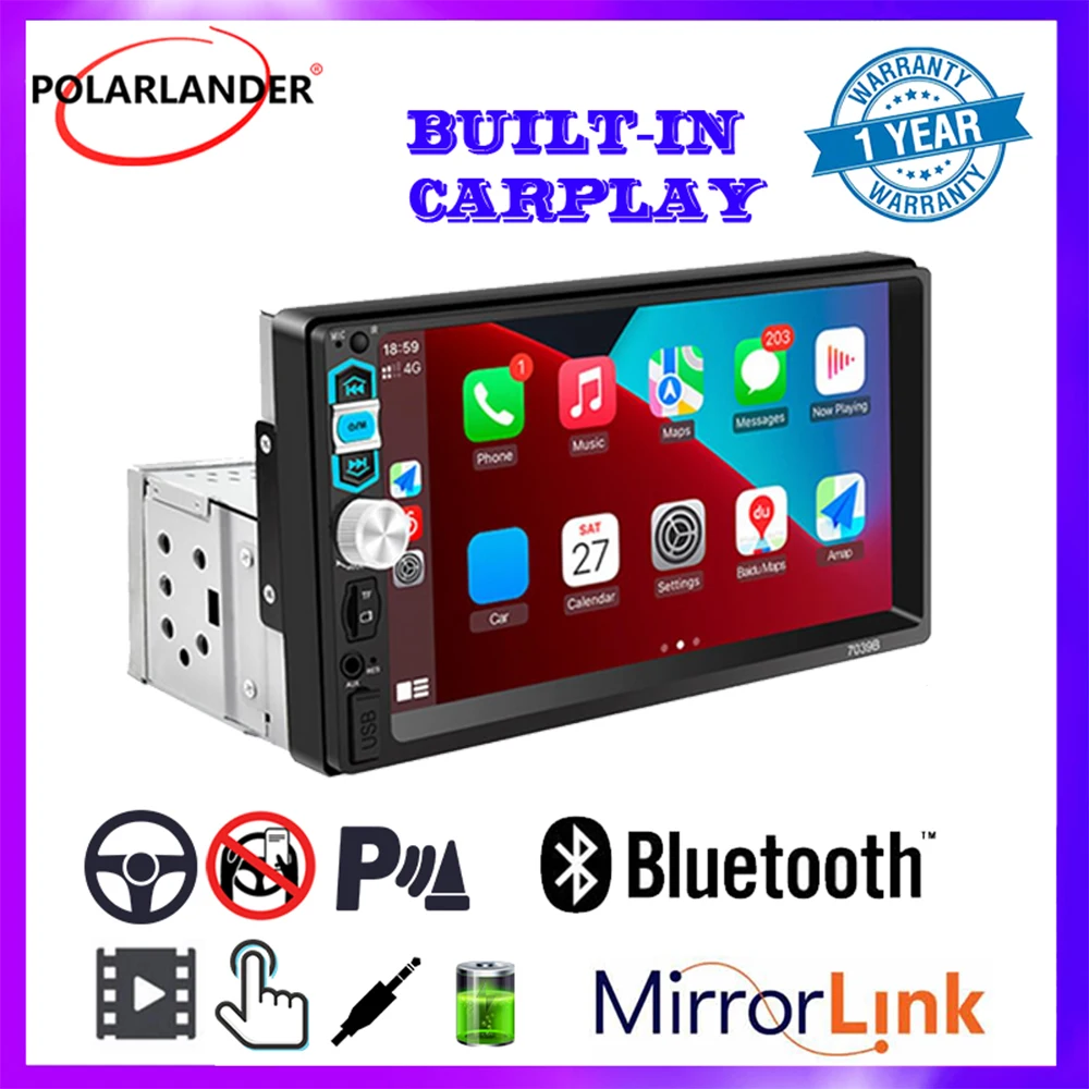 7 Inch Single Din Car Radio Wireless CarPlay Android Auto Mirror Link Bluetooth 5.1 FM Receiver with Mic
