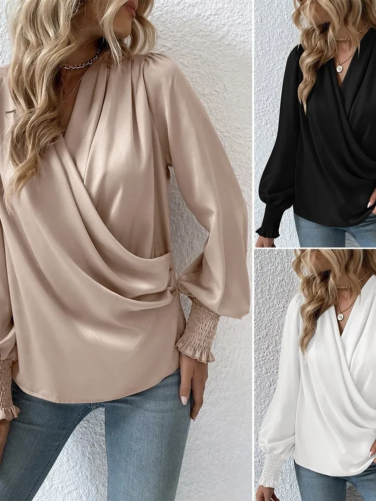 Autumn Women's New Sexy V-neck Fashionable Drawstring Lantern Sleeves Temperament Commuting Women's Solid Color Shirt