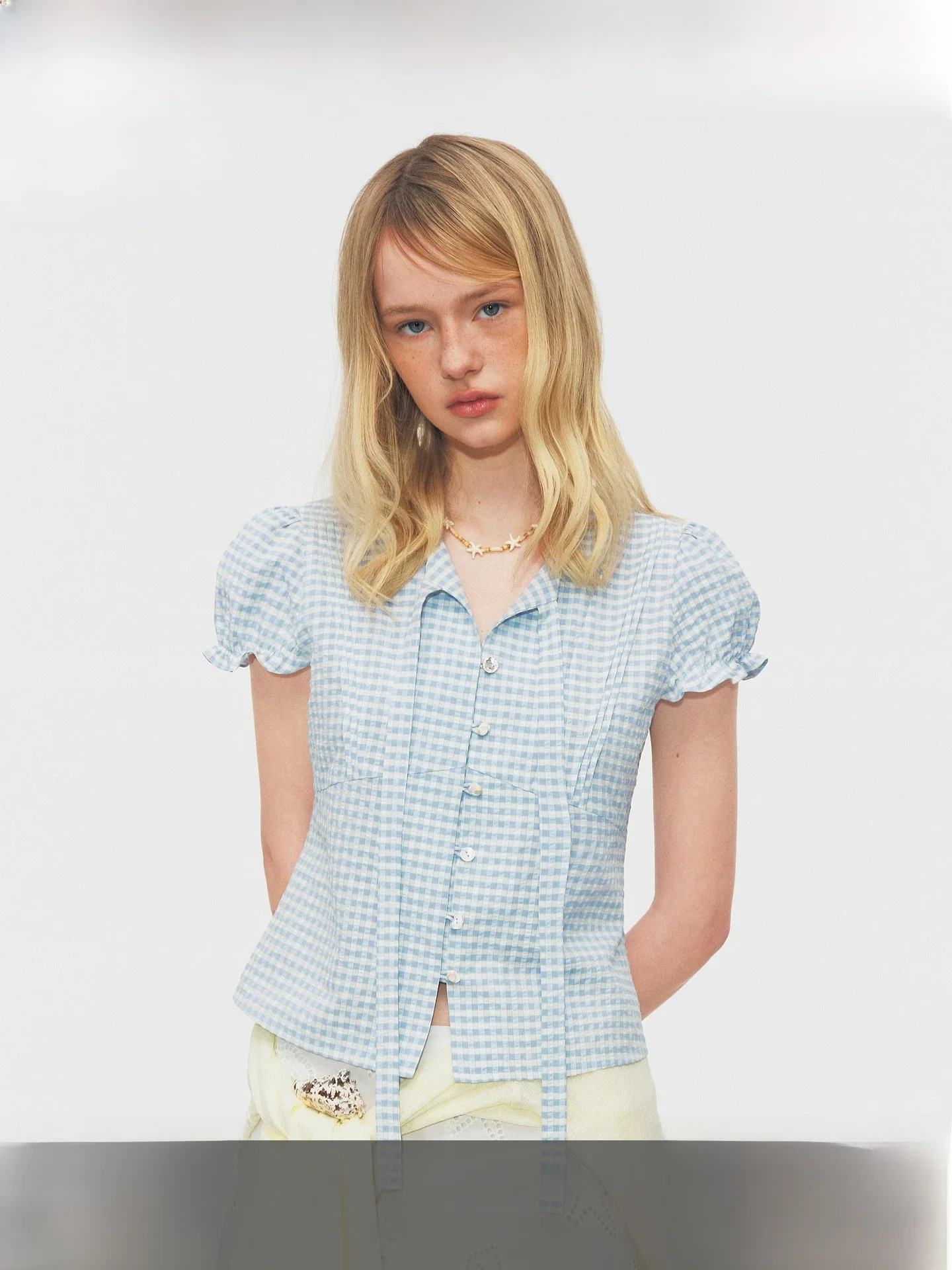 

Fano Gentle Girl Atmosphere Shirt Women's Summer New Bubble Plaid Sash Top Breathable Thin Short Sleeve Commute Style Polyest...