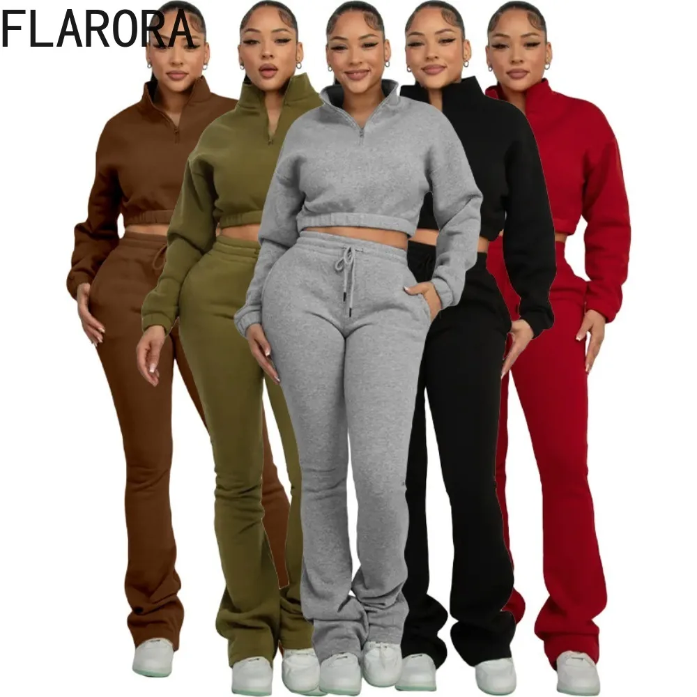

FLARORA Fall Winter Trend 2 Piece Sets Woman Solid Color Lapel Full Sleeve Crop Tops And Flare Pants Fashion Street Tracksuits