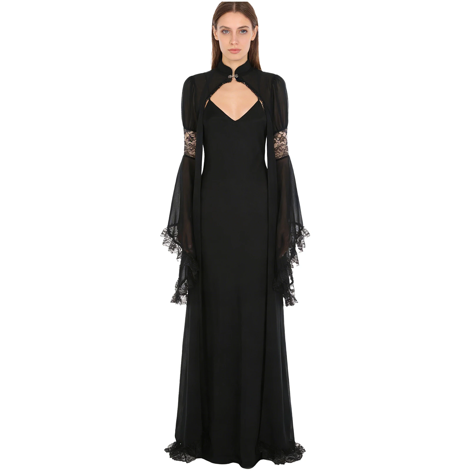 

Womens Gothic Vampire Chiffon Shrug Shawls Exaggerated Flared Sleeve Ruffled Floral Lace Trim Mock Neck Bolero Dress Cover-up
