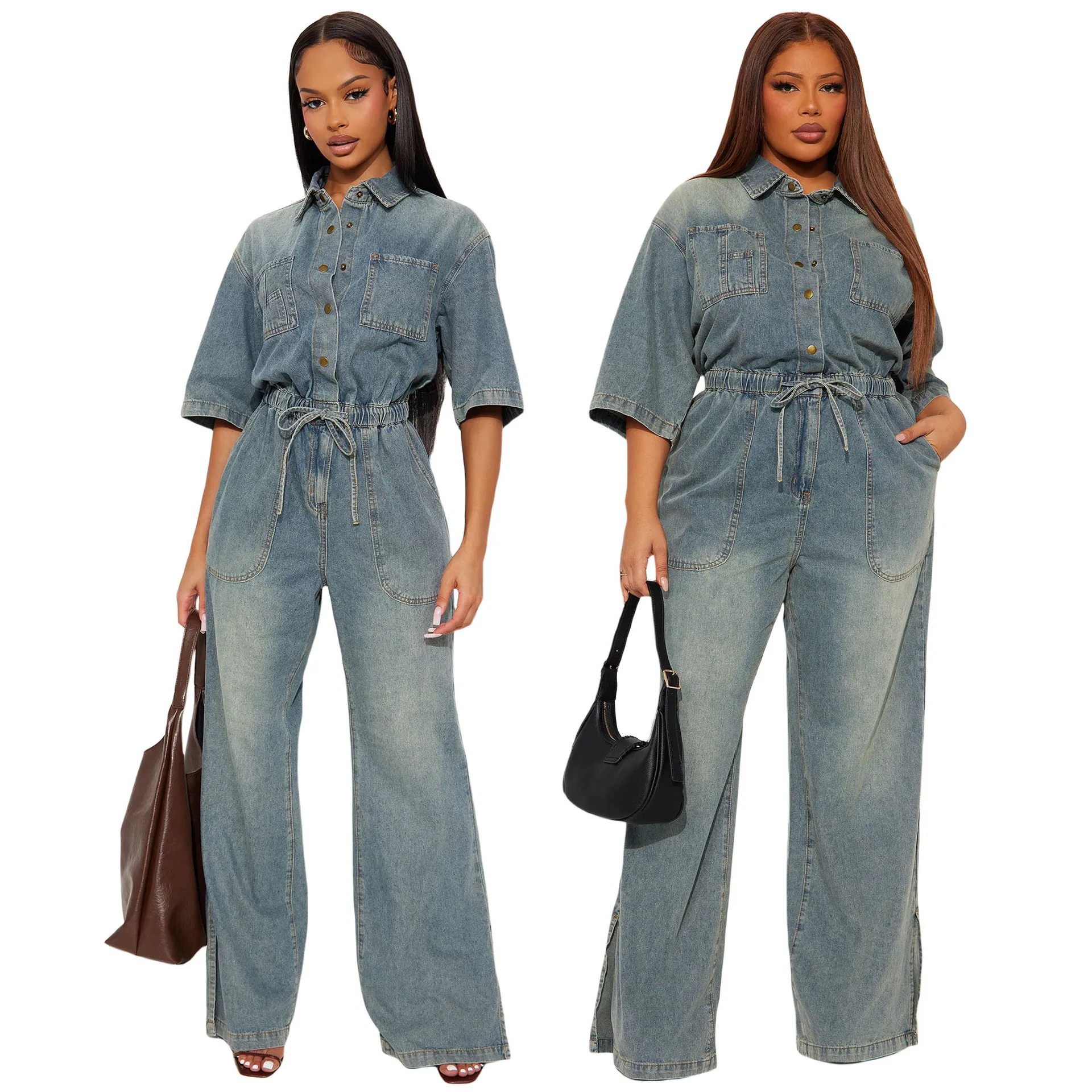 8606 Elastic Waist Smart Fit Stretch Washing Denim Jumpsuit With Fatigue Flared Pants. Women's Casual Dresses Y2k、 Maxi Clothes