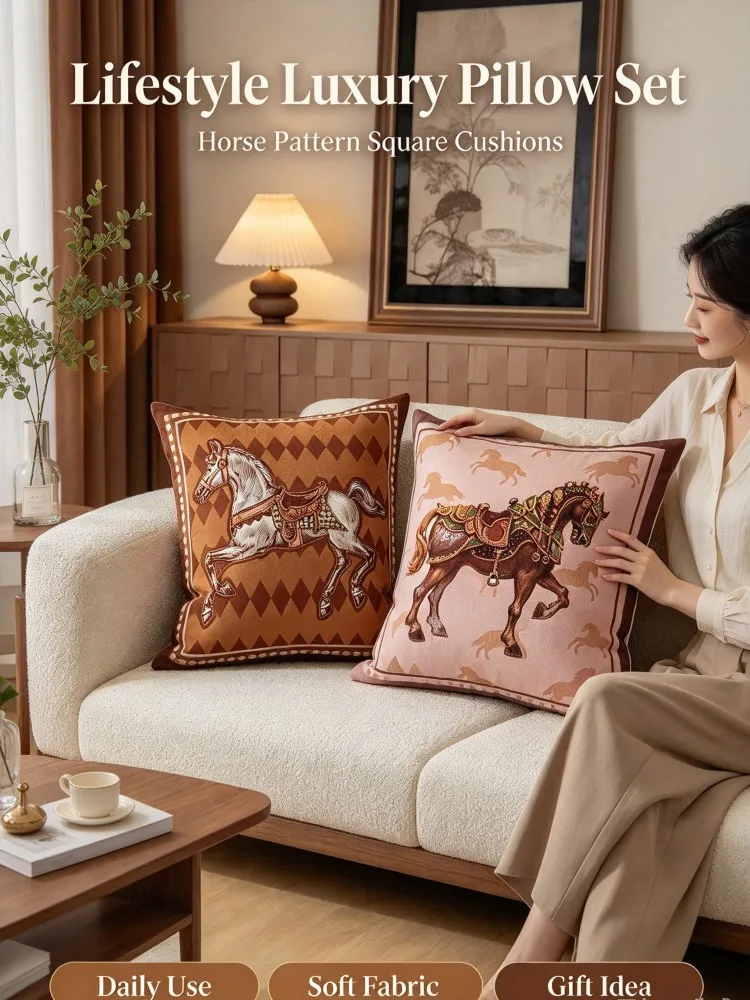 **Equestrian Pillow Set, Horse Pattern Square Cushions, Luxury Decorative Throw Pillows for Sofa Bedroom Window Seat Patio Car H