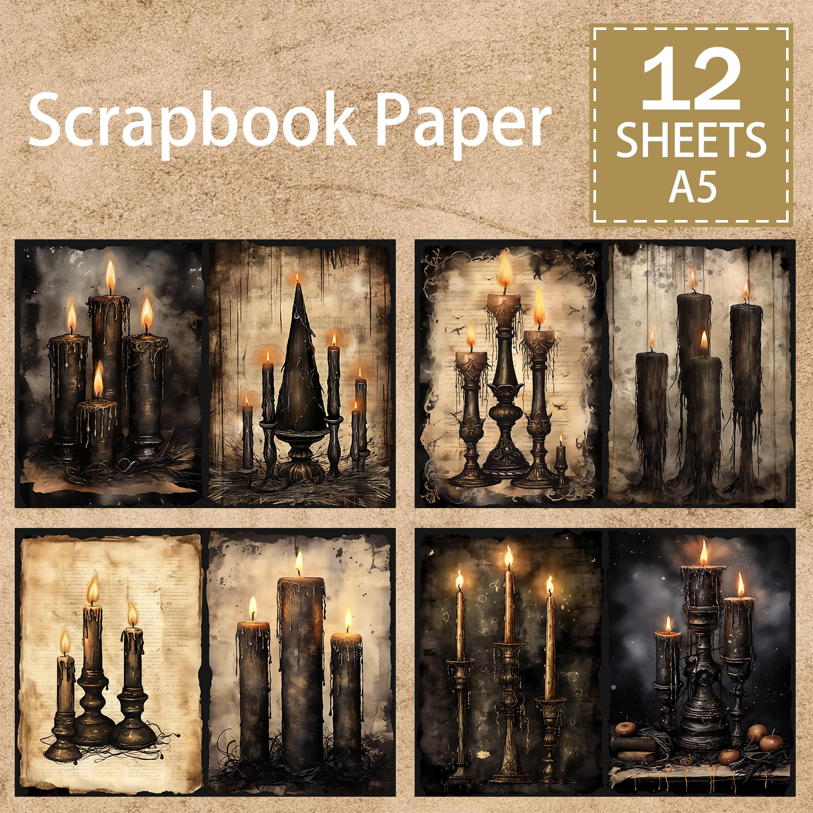 Fundo de vela e castiçal de Halloween, Jornal Grunge Vintage, Planejador Scrapbooking, Gothic Dark, Preto, Tamanho A5, 12 folhas