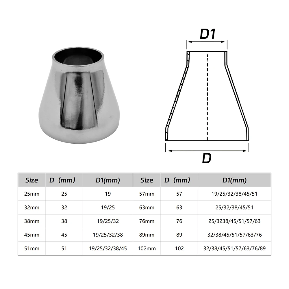 SS304/316 Stainless Steel Sanitary Reducer - 19-102mm OD Weld Concentric Smooth Flow Corrosion-Resistant Homebrew Food Pharma