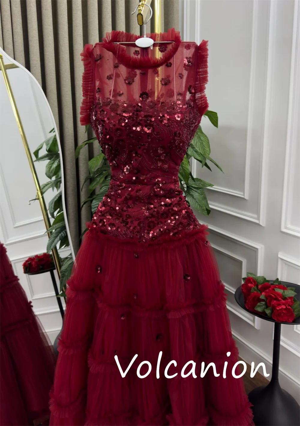 Customized Sparkle Net Sequined Pleat A-line Scoop Neck Long Dresses Bespoke Occasion Modern Style Simple